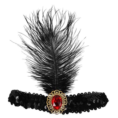 LOLIPPYY Rotes Flapper Stirnband mit Pailletten und Federn Eleganter Kopfschmuck für Damen Vielseitiges Headpiece für Kostümpartys Single Events und Tanzveranstaltungen von LOLIPPYY