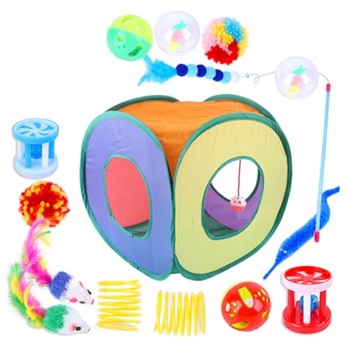 LOLPALONE 15-teiliges Katzenspielzeug-Set wie abgebildet aus Polyester, Kunststoff, Metall für Katzen im Innenbereich, mit klappbarem Katzenzelt, interaktivem Katzentunnel und Katzenspielzeug. von LOLPALONE