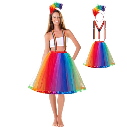 LOMIMOS Kostüm für Karneval, Party, Tüllrock und Stirnband mit Federn, Regenbogen, Halloween-Kostüm, Damen, Show-Kleidung, Cosplay LOMIMOS Kostüm für Karneval, Party, Tüllrock und Stirnband mit Federn, Regenbogen, Halloween-Kostüm, Damen, Show-Kleidung, Cosplay von LOMIMOS