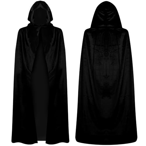 LOMIMOS Schwarzer Umhang Mit Kapuze ，150cm Vampir Umhang für Kinder & Erwachsene für Halloween Weihnachten Karneval Kostüm von LOMIMOS