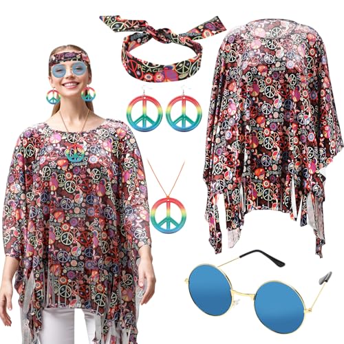 LOMUG 6 Stück Hippie Kostüm Damen Poncho Set mit Hippie Accessoires 60er 70er Jahre Bekleidung Damen Frau Hippie Kleidung Damen für Damen Faschingskostüme Hippie Hippi(Stilvoll) LOMUG 6 Stück Hippie Kostüm Damen Poncho Set mit Hippie Accessoires 60er 70er Jahre Bekleidung Damen Frau Hippie Kleidung Damen für Damen Faschingskostüme Hippie Hippi(Stilvoll) von LOMUG