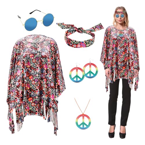 LOMUG 60er 70er Hippie Kostüm Set inklusive Hippie Poncho Frieden Zeichen Halskette Ohrringe Stirnband Hippie Sonnenbrillen Jahre Bekleidung Accessoires für Damen (Farbe) von LOMUG