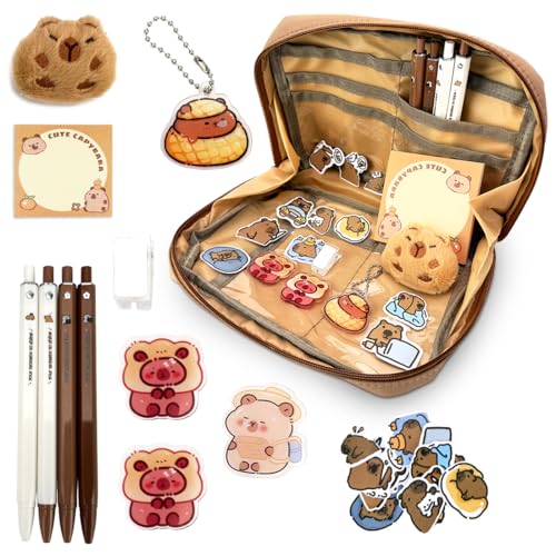 LOMUG Capybara Schreibwaren Set, Süßes Schreibwaren Geschenkset für Kinder, Capybara Stifte Schul Sachen Mit Stiften Aufkleber Brosche Anhänger Notizblock Clip Und Mehr für Büro Schule Kinder Schüler von LOMUG