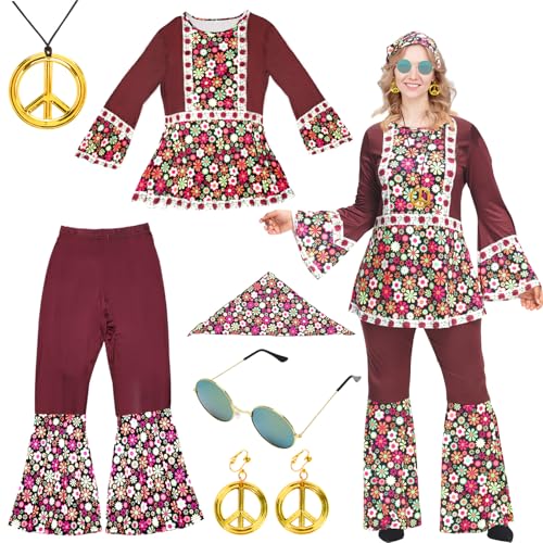 LOMUG Hippie Kostüm Damen, Karneval Kostüm Damen Hippie Set 60 70er, Hippie Kleidung Schlaghose mit Accessoires, Faschingskostüme Hippie Mottoparty Kostüm Disco Outfit für Karneval Kostümparty von LOMUG