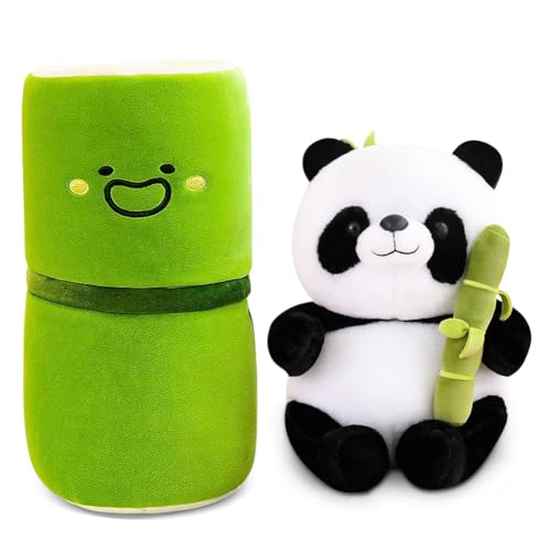 LOMUG Panda Kuscheltier,Panda Plüschtier 25cm Cartoon Bambusröhren Panda Plüschtier Kuscheltier Schlafkissen Wurfkissen Bambus Plüschtier Panda Geschenk Ostergeschenke für Frauen Kinder Jungen Mädchen von LOMUG