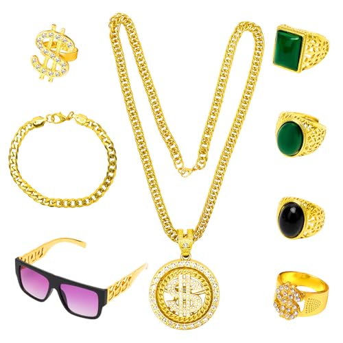 LOMUG Zuhälter Kostüm, 80er 90er Jahre Herren Hip Hop Outfit, Gangster Kostüm mit Goldkette, Sonnenbrille, Dollar Kette und Hanzi-Ringen, ideal für Karneval, Fasching und Mottopartys LOMUG Zuhälter Kostüm, 80er 90er Jahre Herren Hip Hop Outfit, Gangster Kostüm mit Goldkette, Sonnenbrille, Dollar Kette und Hanzi-Ringen, ideal für Karneval, Fasching und Mottopartys von LOMUG