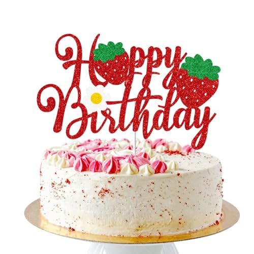 1 x Erdbeer-Dekoration, Geburtstagstortenaufsatz für Frauen und Mädchen, roter Glitzer, Happy Birthday, Erdbeer-Kuchenaufsatz, Kindergeburtstagsparty-Dekorationen von LOMYLM