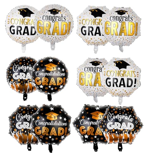 Abschlussdekorationen 2025, 6 Stück Folienballons mit Aufschrift "Congrats Grad", 45,7 cm, Schwarz / Weißgold, selbstaufblasende Heliumballons für Abschlussfeier, Abschlussball, Party-Dekoration von LOMYLM