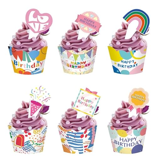 Happy Birthday Cupcake Toppers & Wrappers Set of 12, Kids Birthday Cake Decorations Rainbow Confetti Pattern Happy Birthday Cake Toppers Boys Girls Women Birthday Party Decorations Supplies von LOMYLM