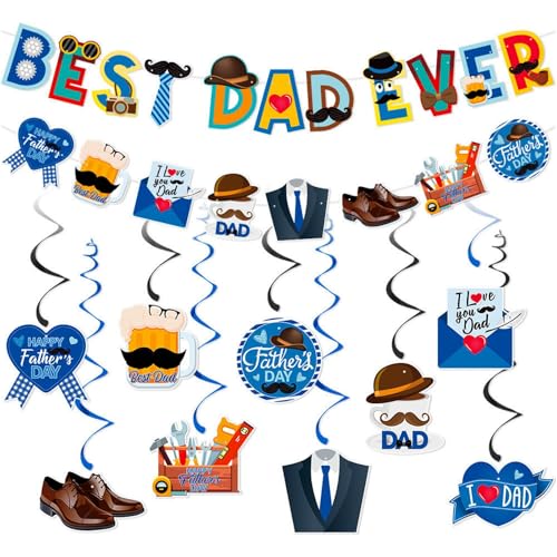 Vatertagsdekorationen Hängeset - Best Dad Ever Banner Happy Father's Day Schwarz Blau Wirbel Herz Bart Anzüge Folie Luftschlangen Papa Geburtstag Girlande Vatertag Party Home Bar Outdoor Dekorationen von LOMYLM
