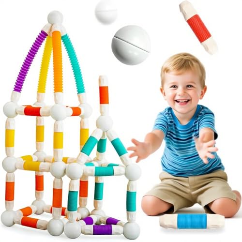 LONEEDY 48-teiliges Bauspielzeug-Set mit einziehbaren Magnetstäben, Flexible Magnetstäbe und -Kugeln, pädagogische Bausteine für Kinder ab 3 Jahren (48PCS) von LONEEDY