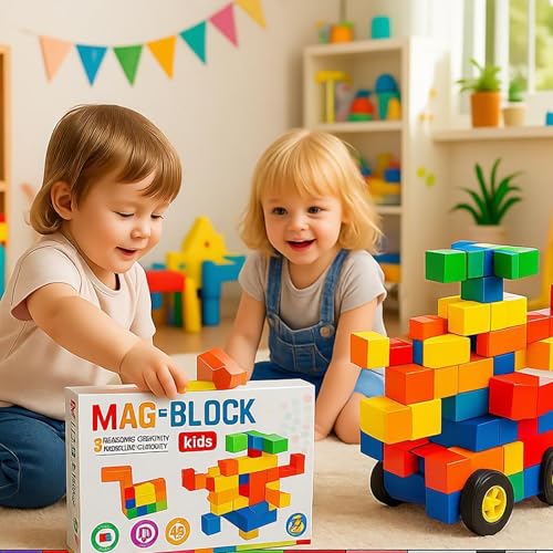LONEEDY 60er-Pack magnetisches Bausteinset mit Tierfiguren und magnetischem Wagen – Magnetkonstruktionswürfel, pädagogisches Mint-Spielzeug für Kinder von 3–8 Jahren (Color Mixing-60PCS) von LONEEDY