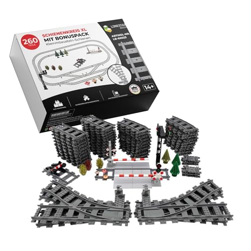 LONESTAR Klemmbausteine Schienenkreis XL, City Schienen Set mit Zubehör, kompatibel mit Klemmbausteinen, großer Eisenbahnkreis mit Bahnübergang, Prellbock und Deko für Kinder und Erwachsene LONESTAR Klemmbausteine Schienenkreis XL, City Schienen Set mit Zubehör, kompatibel mit Klemmbausteinen, großer Eisenbahnkreis mit Bahnübergang, Prellbock und Deko für Kinder und Erwachsene von LONESTAR