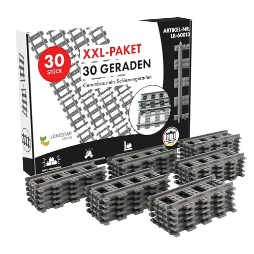 LONESTAR Klemmbausteine, XXL Pack, 30 Geraden, Bausteine Schienen Set City, grau, kompatibel mit Klemmbausteinen, langlebiges Zubehör, Erweiterungsset für Eisenbahn Landschaft, Robustes Material von LONESTAR