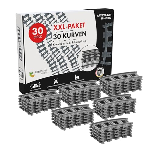 LONESTAR Klemmbausteine, XXL Pack, 30 Kurven, Bausteine Schienen Set City, Erweiterung für Zuglandschaften, graue Schienen, kompatibel mit Klemmbausteinen, langlebiger Kunststoff, Erweiterungspaket von LONESTAR
