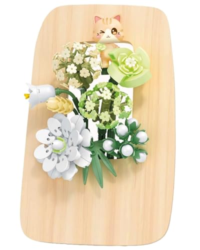 LONESTAR Klemmbausteine, Sembo Blumengesteck Grün, Deko Blumen mit Holzständer und Kleiner Katze, kreatives Konstruktions Set, detailreiche Bausteine für Zuhause, DIY Bastelspaß, Geschenkidee von LONESTAR
