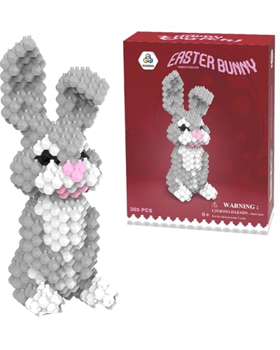 LONESTAR Klemmbausteine Grauer Hase 3D 305 Teile, Kadele Blocks Serie, Micro Bricks für kreative Bauprojekte, DIY Set mit Sortierbox, Osterhase in Grau und Weiß, stabile Bausteine aus ABS Kunststoff von LONESTAR