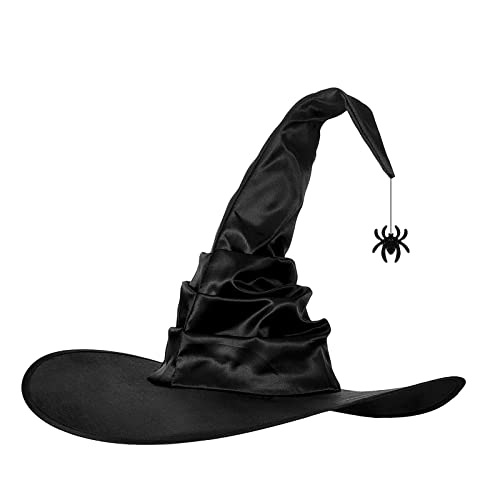 Halloween Hexenhut Erwachsene Zaubererhut mit Spinne Anhänger Cosplay Masquerade Mottoparty Magier Hut Kopfbedeckung Schwarz Plissee Spitzhut Halloween Karneval Fasching Zauberer Hut Kostüm Zubehör von LONTG