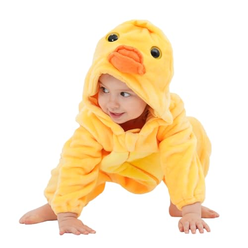 LONULAIN Uni Tier-Kostüm für Babys, Flanell, mit Kapuze, Halloween, Cosplay-Kostüm, Hauskleidung, Nachtwäsche, Ente, 6-12 Monate von LONULAIN