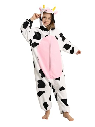 LONULAIN Unisex Kinder Tier Oneise Pyjama Jungen Mädchen Flanell Kapuze Halloween Cosplay Kostüm Hauskleidung Nachtwäsche Kuh 4-5T von LONULAIN