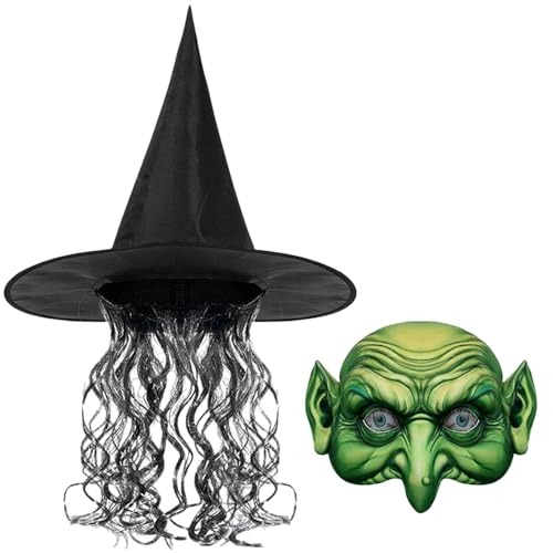 LOOPES 2tlg Alte Hexe Masken Halloween Hexenkostüm Damen Grüne Hexenhut mit Haar Hexenmaske Halloween Gruselig Horror Mask Set Hexenkostüm Zubehör Damen für Halloween Cosplay Karneval Fasching LOOPES 2tlg Alte Hexe Masken Halloween Hexenkostüm Damen Grüne Hexenhut mit Haar Hexenmaske Halloween Gruselig Horror Mask Set Hexenkostüm Zubehör Damen für Halloween Cosplay Karneval Fasching von LOOPES
