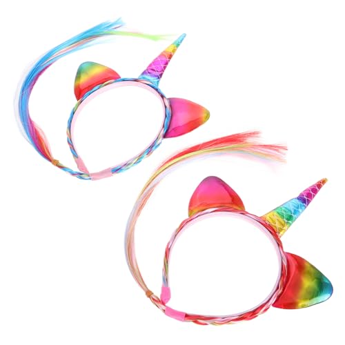 LOORGVEL 2 Stück Einhorn Haarreif mit Geflochtenem Zopf für Mädchen Zauberhaftes Halloween Kostüm und Geburtstag Party Accessoire Buntes Einhorn Stirnband für Karneval Fest von LOORGVEL