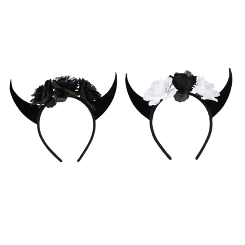 LOORGVEL 2 Stück Teiliges Halloween Hörner Stirnband mit Blumen Komfortabler Stoff Kopfschmuck für Damen Skull Skeleton Design für Kostümparty Karneval und Cosplay von LOORGVEL