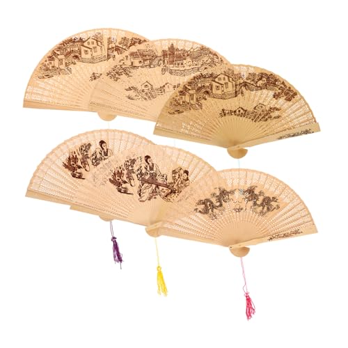 LOORGVEL 6 Stück Teiliges Chinesischer Holz Handfächer Vintage Faltfächer mit Filigranem Design und Quaste Leichter Kompakter Openwork Fan für Hochzeit Dekoration und Alltag von LOORGVEL