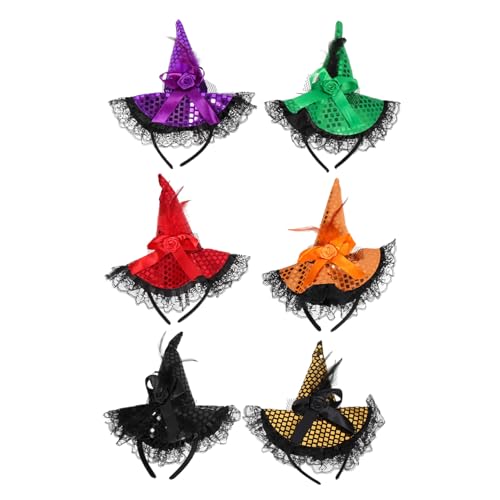 LOORGVEL 6 Stück Teiliges Halloween Haarreifen mit Spitzen und Pailletten Hexenhut Design Bunte Kopfbedeckungen für Party Cosplay Karneval Geeignet für Damen und Festliche Anlässe von LOORGVEL