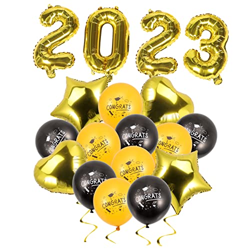 LOORGVEL Graduationsballons Metallfolie Ballons Schwarz und Gold mit Sternen und Herzen Partydekoration für Abschlussfeier Klassenzimmer Deko Einfach zu Montieren Kreative Festgestaltung von LOORGVEL