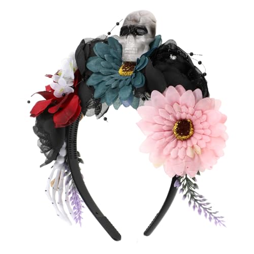 LOORGVEL Halloween Haarreif mit Bunten Stoffblumen und Schädelmotiv Leichter Komfortabler Kopfschmuck für Karneval Kostüm und Halloweenpartys Festlicher Cosplay Accessoire von LOORGVEL