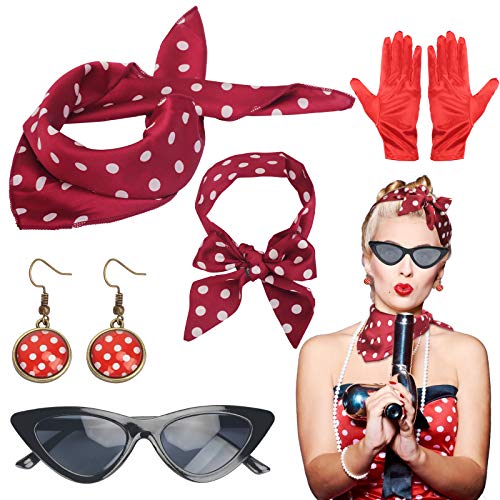 LOPOTIN 5TLG 50er Jahre Accessoires Rockabilly Damen Kleider 60er Jahre Kleidung Zubehör 1950s Kostüm Set mit Chiffon Schal Polka Dot Stirnband Katzen Auge Brille Sixties Damenkostüm für Motoparty von LOPOTIN