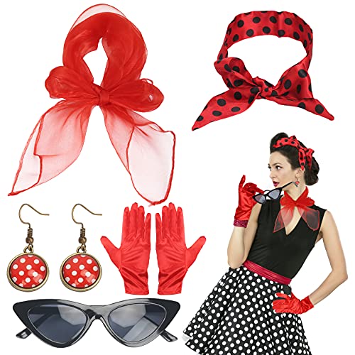LOPOTIN 5TLG Rockabilly Accessoires 50er Jahre Damen Kleid Zubehör 1950s Kostüm Set mit Chiffon Schal Polka Dot Stirnband Katzen Auge Brille Rot 60er Jahre Kleidung für Motoparty Retro Teily Party LOPOTIN 5TLG Rockabilly Accessoires 50er Jahre Damen Kleid Zubehör 1950s Kostüm Set mit Chiffon Schal Polka Dot Stirnband Katzen Auge Brille Rot 60er Jahre Kleidung für Motoparty Retro Teily Party von LOPOTIN