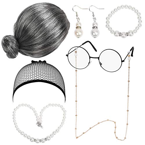 LOPOTIN 7TLG Oma Perücke Kostüm Accessoire Set Oma Brille mit Perlen Armband Perlenkette Cosplay Zubehör Granny Kostümzubehör Großmutter Verkleidung für Fasching Karneval Halloween Damen Mädchen LOPOTIN 7TLG Oma Perücke Kostüm Accessoire Set Oma Brille mit Perlen Armband Perlenkette Cosplay Zubehör Granny Kostümzubehör Großmutter Verkleidung für Fasching Karneval Halloween Damen Mädchen von LOPOTIN