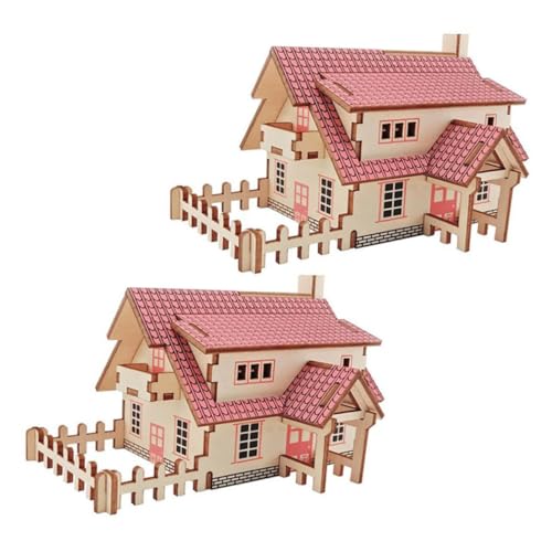 LOPUNER 2 Sätze Holzpuzzle DIY Miniaturhaus Spielmontagemodell Mini-bausatz Hausmontagemodell Mini-dorfhäuser DIY- -kit Häuser Zusammenbauen DIY-Villa-Modell Hölzern Rot von LOPUNER