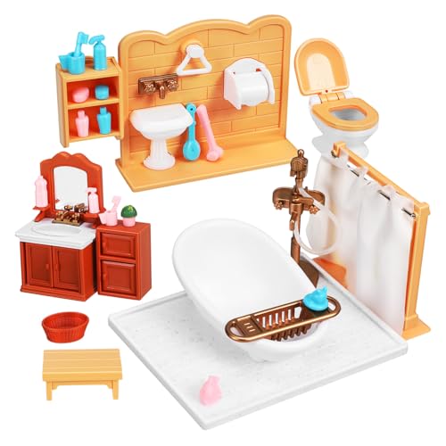 LOPUNER Miniatur Badezimmermöbel für Puppenhaus Kunststoff Badmöbel mit Mini Badewanne Schrank Waschbecken und Hocker Vielfältiges Zubehör für Langlebig als von LOPUNER