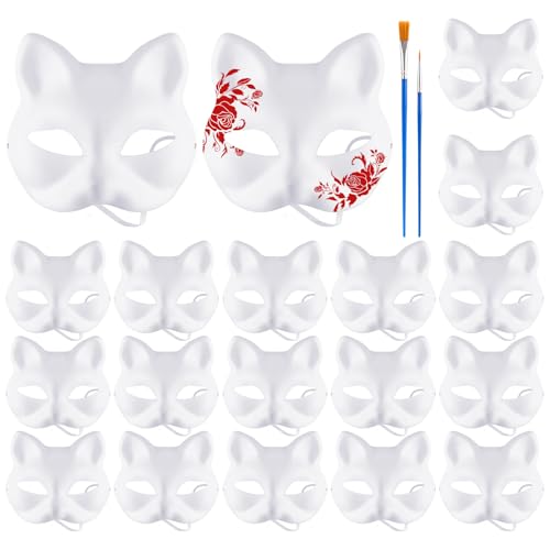 LOPYXBR Katzenmasken-Set, weiße Blanko-Maske mit Pinsel, Katzen-Papiermasken zum Dekorieren, handbemalbare einfarbige Maske für Maskerade, Cosplay, Halloween, 20 Stück von LOPYXBR