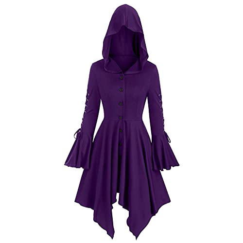 Gothic Hoodie Damen Lila, Mittelalter Kleider mit Kapuze, Renaissance Retro Langarm KapuzenkleidVampir Vintage Kleid Hexenkleid Cosplay Halloween Kostüm Karneval Party Faschingskostüme Fasching von LOSSLO