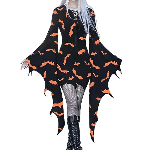 Gothic Kleid Damen Fledermausärmel, Mittelalter Kleider Vampir, Schwarz Hexen Maxikleid mit Fledermaus AufdruckRetro Faschingskostüme Halloween Kostüm Karneval Party Cosplay Hexenkleid Festival von LOSSLO