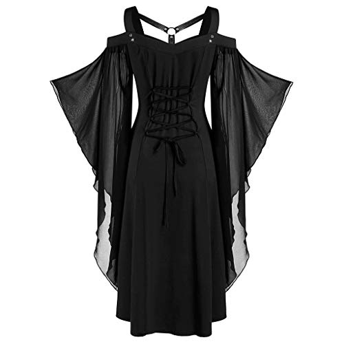 Gothic Kleider Damen Fledermausärmel, Mittelalter Vampir Kleider Knielang, Mesh Patchwork Hexenkleid CosplayHalloween Kostüm Karneval Party Hexen Mittelalterkleid Faschingskostüme Festival Rave von LOSSLO