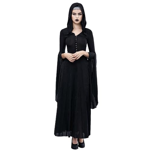 Gothic Kleider Damen mit Kapuze - Steampunk Hoodie Mittelalter Halloween Kleidung Fledermausärmel Vintage Cosplay Outfit Retro Freizeitkleid Karneval Hexenkleid Festlich Outfite Gothikkleider von LOSSLO