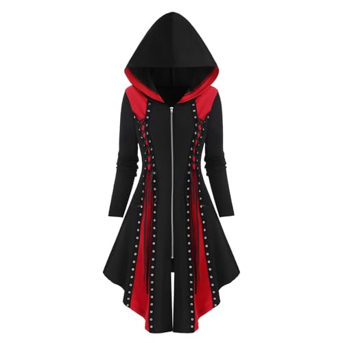 Gothic Kleider Damen mit Reißverschluss, Steampunk Midikleid mit Kapuze, Mittelalter Langarm KapuzenkleidRenaissance Punk Faschingskostüme Halloween Kostüm Karneval Party Schwarz Mittelalterkleid von LOSSLO