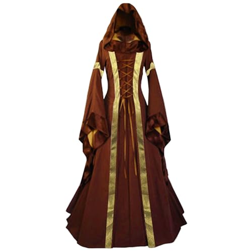 Gothic Kleidung Damen Schnürkleid - Mittelalter Kleider mit Kapuze Renaissance Kapuzenkleid Trompetenärmel Halloween Cosplay Outfit Karneval Carnival Outfite Maxikleid Hexenkleid Freizeitkleid von LOSSLO