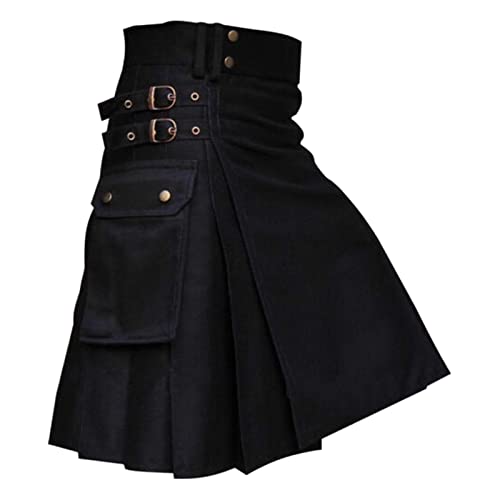 Gothic Rock Herren, Steampunk Rock Herren Schwarz Schottischer Faltenrock Mode Plisseerock Midirock Vintage Mittelalter Röcke Taschenröcke Cosplay Halloween Karneval Kostüm von LOSSLO