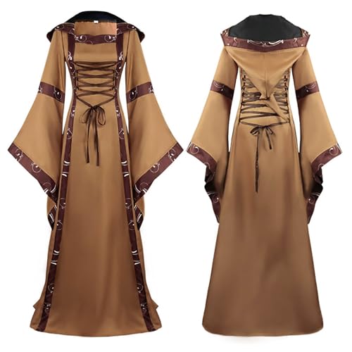 Gothic Schnürkleid Damen mit Kapuze - Mittelalter Maxikleid Trompetenärmel Renaissance Hexenkleid Cosplay Bodenlanges Fasching Freizeitkleid Halloween Karneval Outfit Club Party Maxikleid von LOSSLO