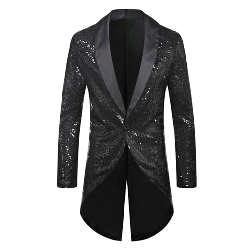 Herren Frack Pailletten - Gothic Jacke Herren Midi Schwarz Glitzer Mantel mit Knöpft Elegant Tuxedo Renaissance Steampunk Gehrock Viktorianische Hof Kleidung Nightclub Party Halloween Kostüm von LOSSLO