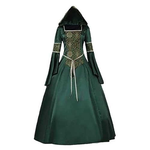 LOSSLO Neu 2025 Gothic Kleider Damen Vampir - Mittelalter Maxikleid Damen mit Kapuze Renaissance Kapuzenkleid Trompetenärmel Karneval von LOSSLO