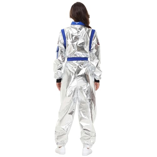 LOSSLO Silber Astronauten Kostüm Damen AstronautenKostüm Für Damen Jumpsuit Space Mit Brillen Und GüRtel Raumfahrtanzug Astronaut Anzug Cosmonauten Abenteuer Spacewalk Outfit Für Halloween Karneval von LOSSLO