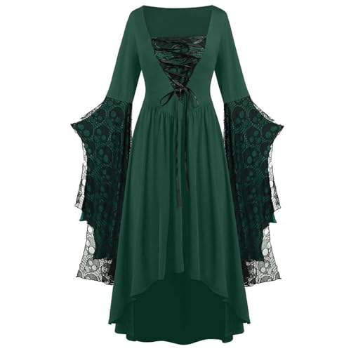 Mittelalter Kleid Damen Fledermausärmel, Renaissance Kleider Vampir, Unregelmäßige Hexenkleid mit SchnürungSexy Gothic Hexe Faschingskostüme Schädel Spitzen Halloween Kostüm Karneval Festival S-5XL von LOSSLO
