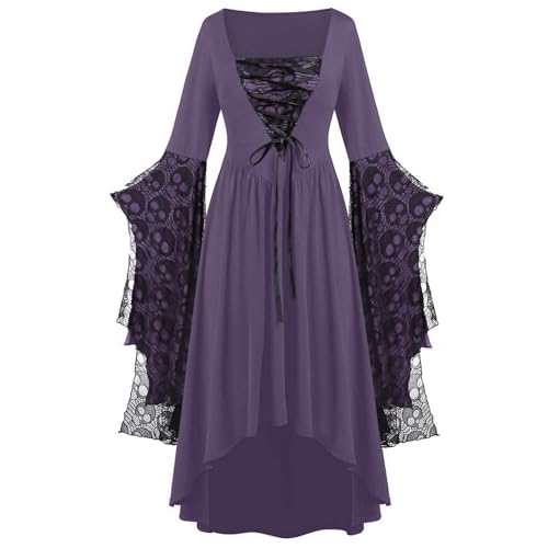 Mittelalter Kleid Damen Fledermausärmel, Renaissance Kleider Vampir, Unregelmäßige Hexenkleid mit SchnürungSexy Gothic Hexe Faschingskostüme Schädel Spitzen Halloween Kostüm Karneval Festival S-5XL von LOSSLO
